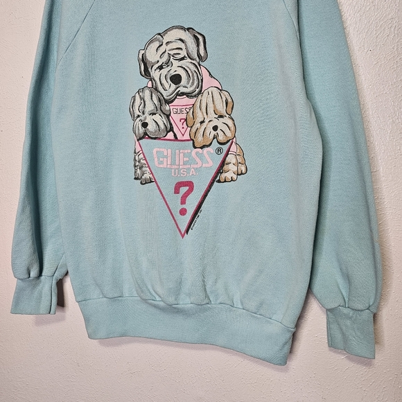 Vintage Guess USA Puppy Crewneck Sweatshirt Blue Pink 80's Women's Size Small - Picture 3 of 12